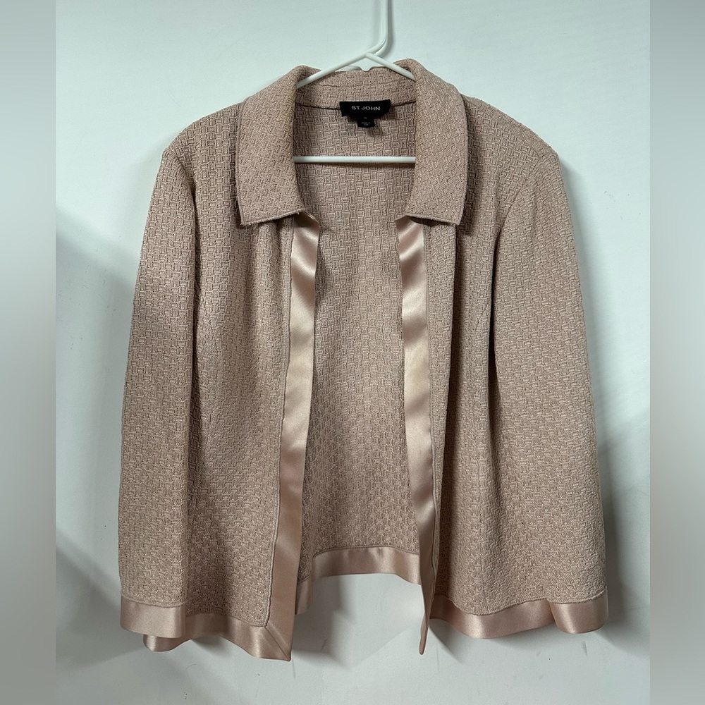 St John Women's Pink Textured Knit Open Front Cardigan Sweater Size 14